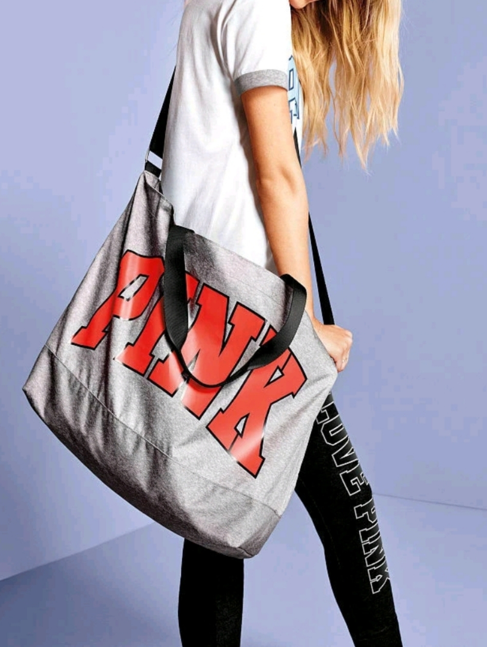 Victoria's Secret Pink Carryall Getaway Weekender XL Tote Bag Gray Hot Pink Logo